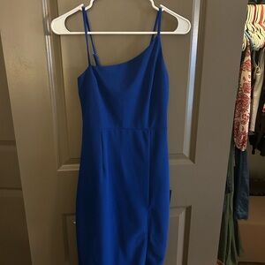 Lulu's Blue Asymmetrical Spaghetti Strap Sheath Dress